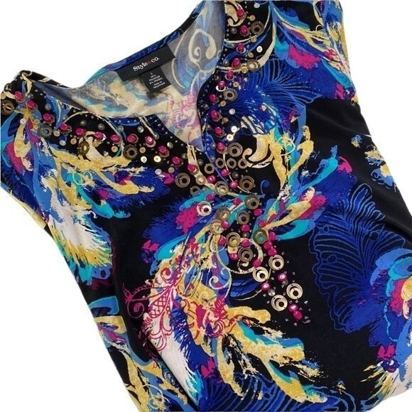 Style & Co Beaded Tunic Top Multicolored Leaves Print 3/4 Sleeve V-Neck Stretchy - Picture 16 of 16